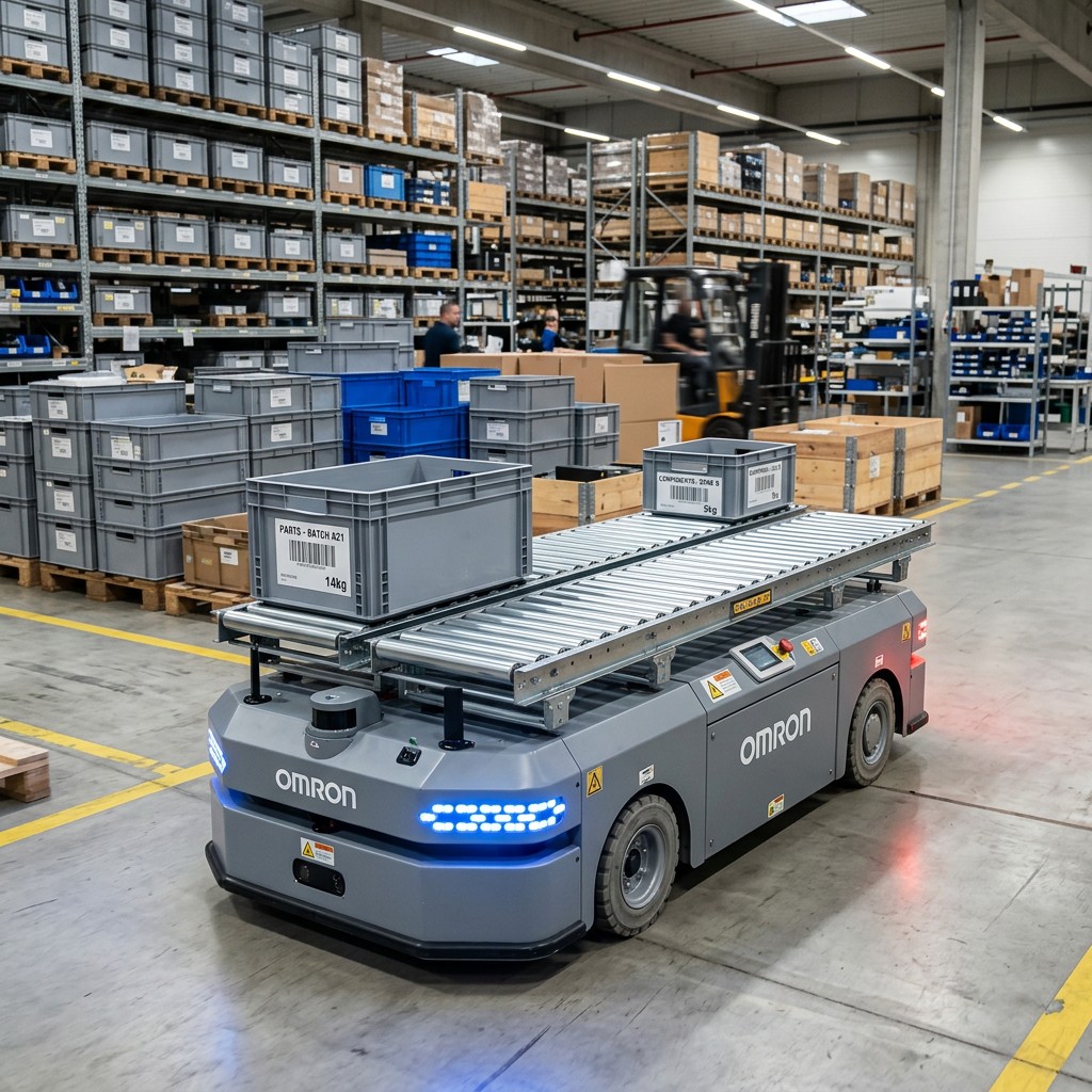 Omron autonomous mobile robot with roller conveyor and parts bins in a high-bay warehouse