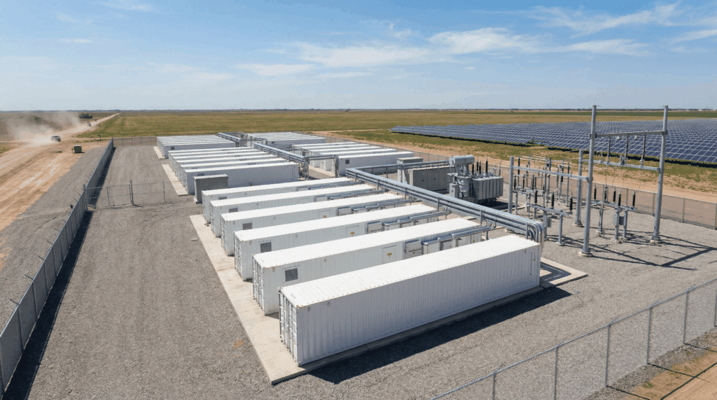 Aerial view of a utility-scale battery energy storage facility with container rows, substation, and solar farm
