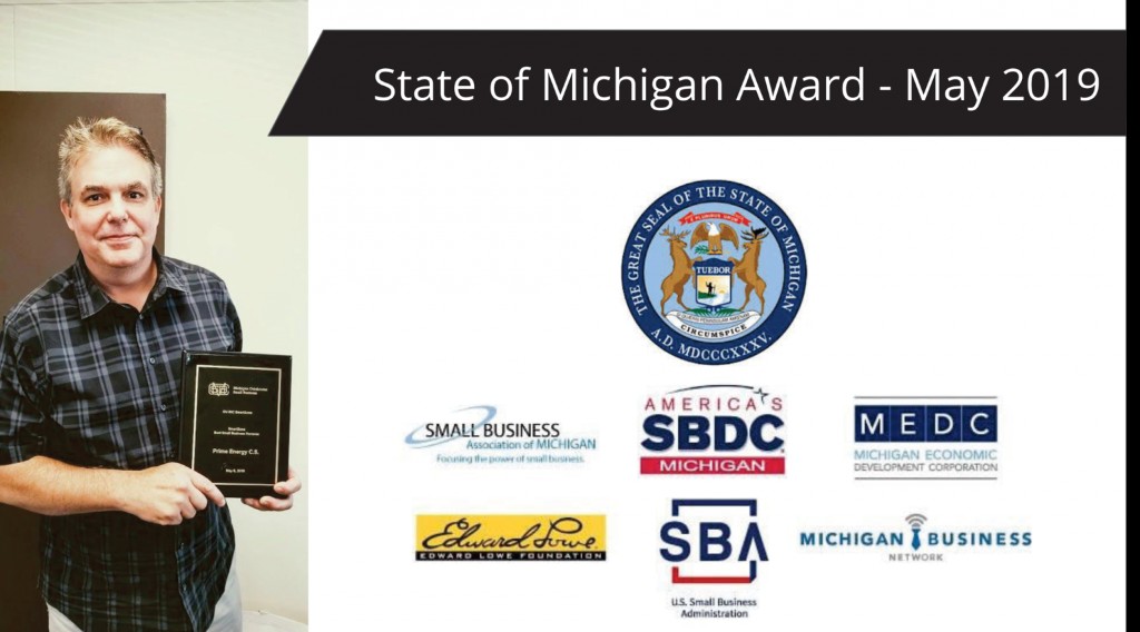 Bill Koetting holding the May 2019 SmartZone Best Small Business Honoree plaque for Prime Energy C.S.